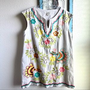 Sister Mary Khaki Linen Embroidered Short Sleeve Dress